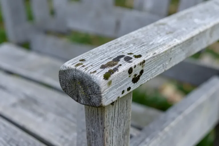 Weathered teak wood outdoor furniture armrest with dark mildew spots