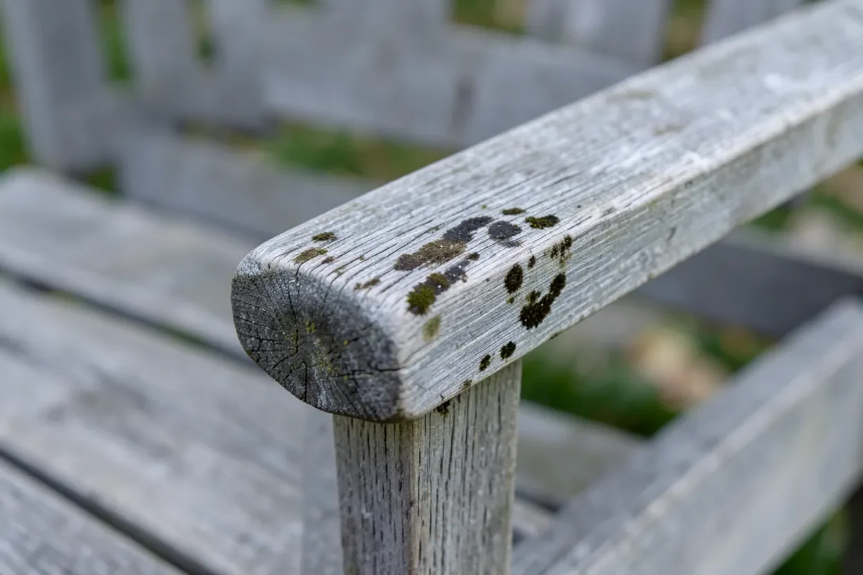 Weathered teak wood outdoor furniture armrest with dark mildew spots