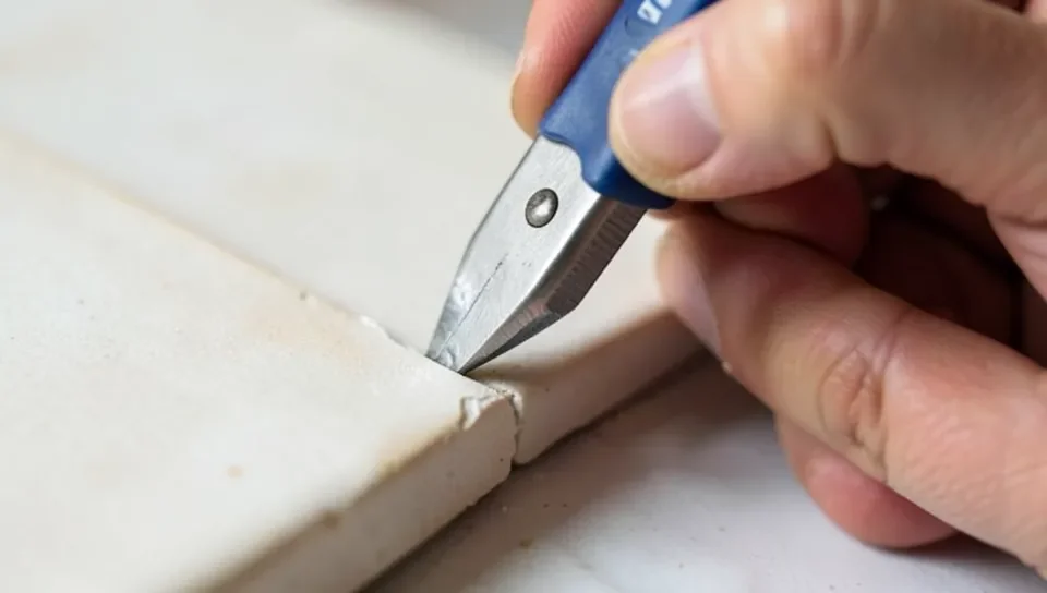 Using a tile nipper to nibble an irregular shape from a ceramic tile edge
