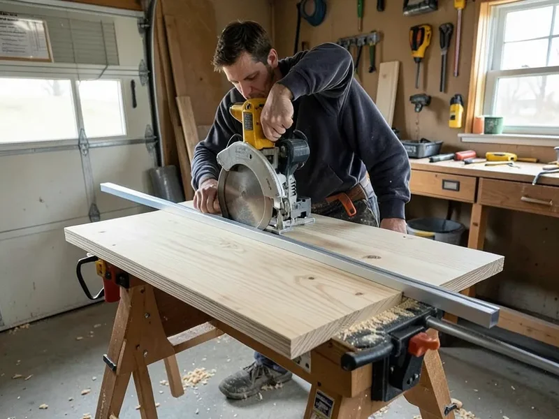 Woodworker using a track saw to cut plywood on sawhorses in a home garage workshop