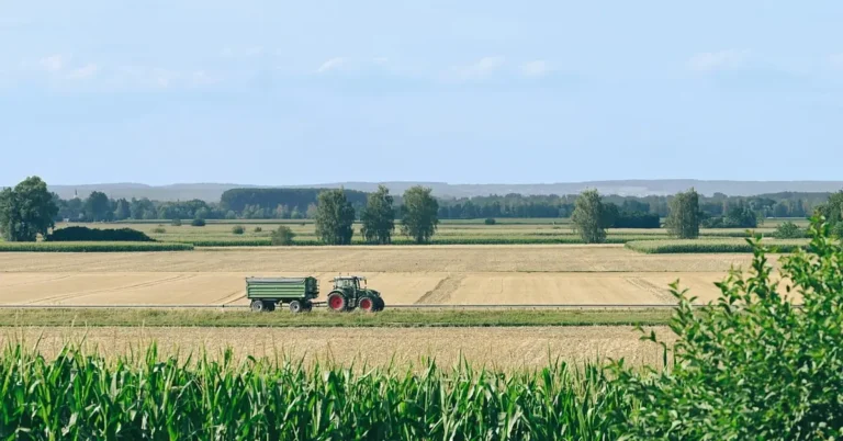 Tractor pulling a rear-mounted grading blade across a dirt farm road