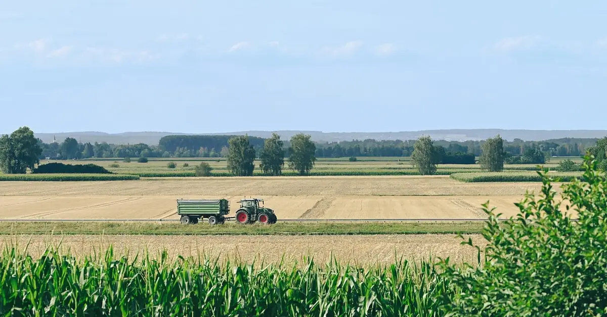 Tractor pulling a rear-mounted grading blade across a dirt farm road