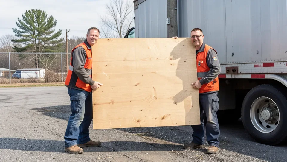 Two people carrying a full 4x8 sheet of plywood together, one on each end, near a delivery truck