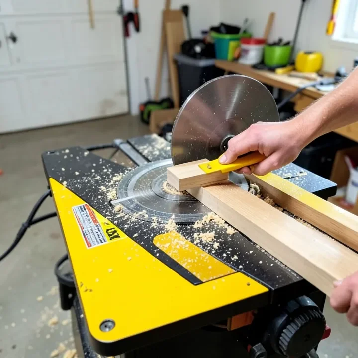 Using a push stick to feed a board through a portable benchtop table saw