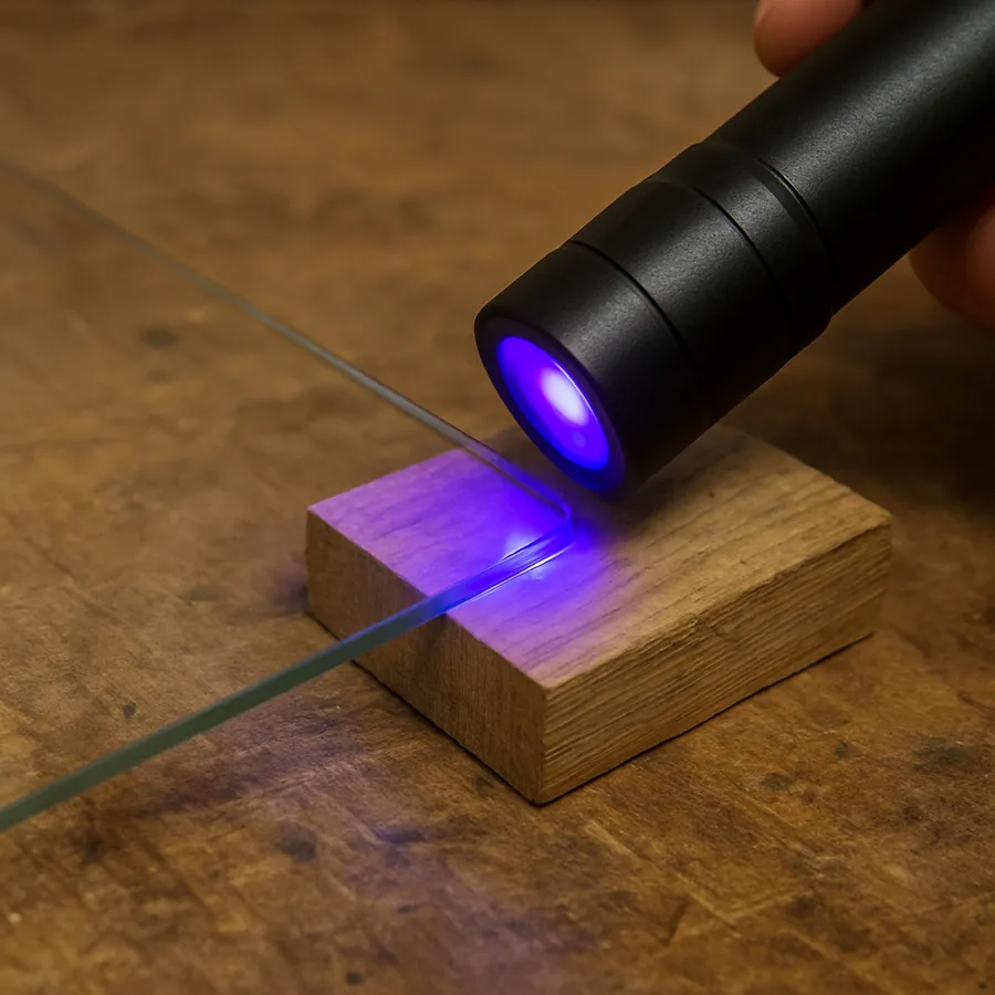 A UV curing light held over a glass and wood joint, glowing purple