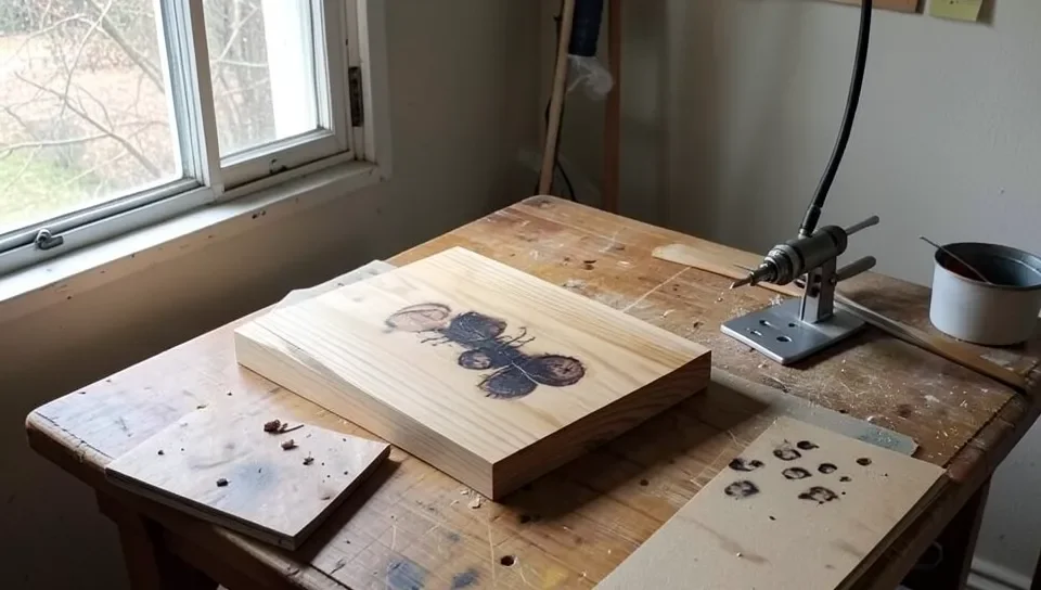 Wood-burning workspace near an open window for ventilation with the soldering iron resting safely on a stand away from the wood