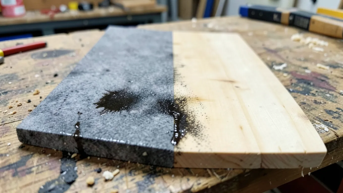 A wood board showing the transformation from natural color to weathered gray using a vinegar and steel wool solution