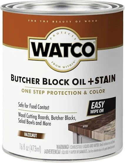 Watco Butcher Block Oil Plus Stain can, Hazelnut color, safe for food contact