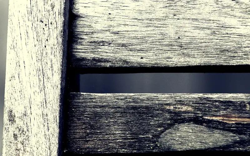 Weathered silver-gray teak bench slats showing the untreated outdoor patina Weathered silver-gray teak bench slats showing the untreated outdoor patina