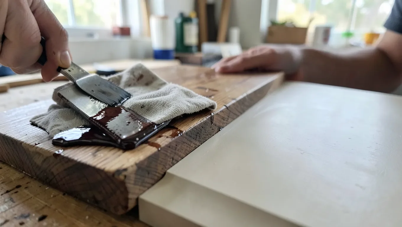 Wet wood stain looks darker and glossier than the same stain once fully dry
