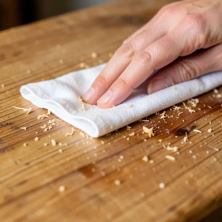 Wiping sanding dust off a wood surface with a microfiber cloth