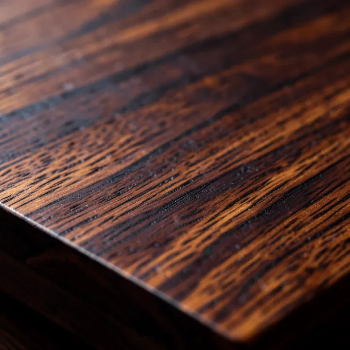 Close-up of dark walnut colored wood stain showing rich brown wood grain
