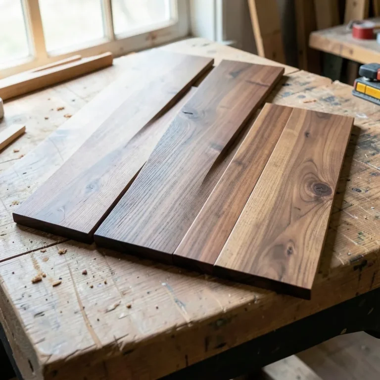 Wood boards stained in a range of walnut shades from light to dark brown side by side