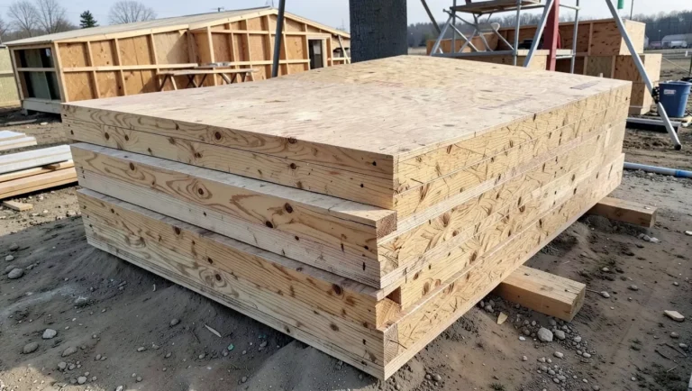 Plywood sheathing panels stacked at a construction site