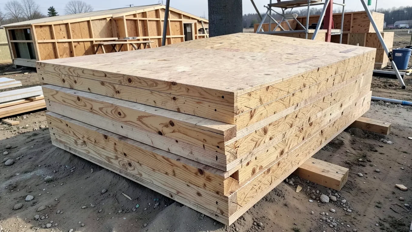 Plywood sheathing panels stacked at a construction site
