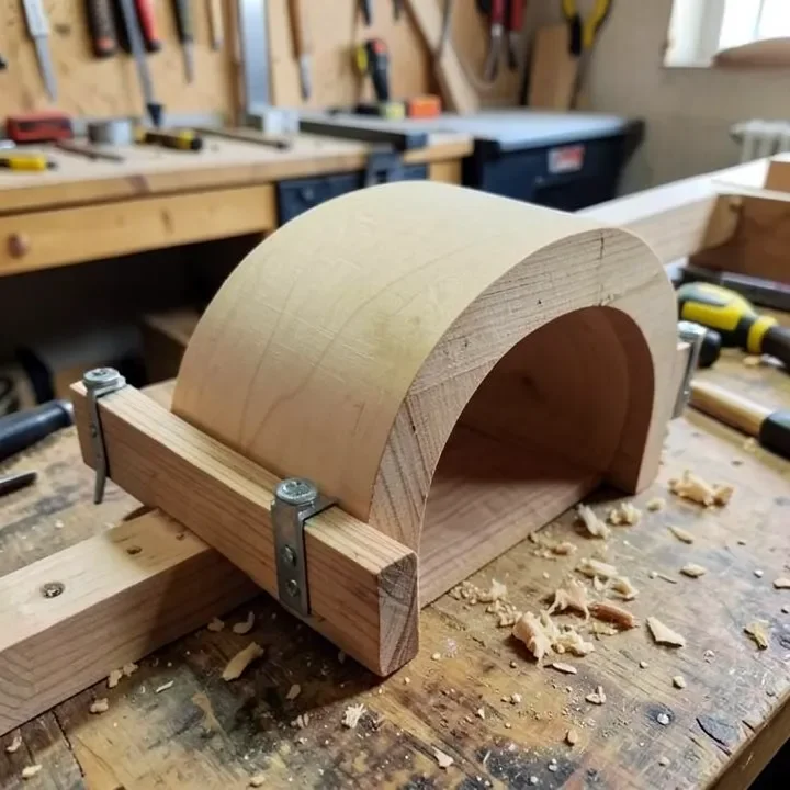 Steamed wood strip clamped around a curved bending form to hold its shape while it dries