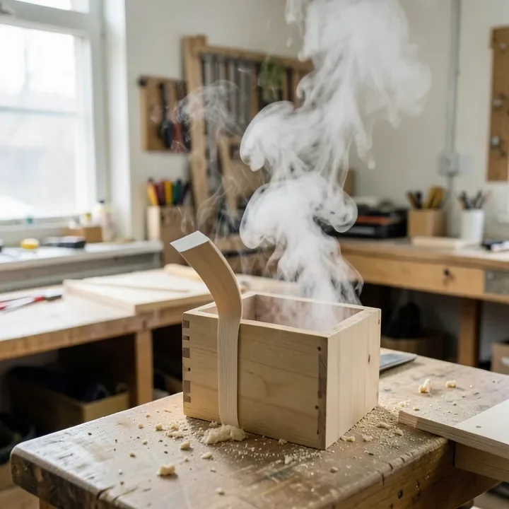 Thin wood strip bent into a curve beside a steam box in a workshop
