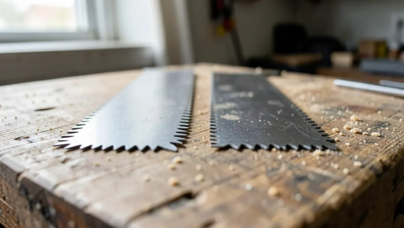 Two saw blades side by side comparing coarse teeth and fine teeth spacing