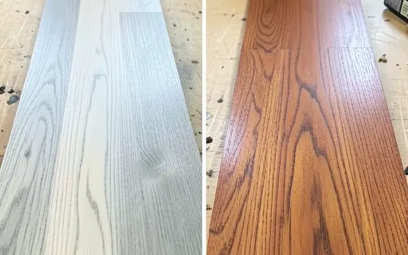 White oak plank stained cool gray next to a red oak plank showing warm undertones White oak plank stained cool gray next to a red oak plank showing warm undertones