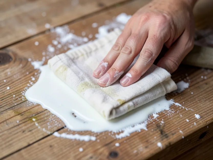 A cloth soaked with vinegar solution wiping white pigment wash off a wood surface