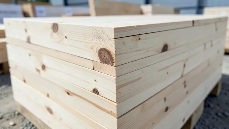 Stack of pale softwood construction lumber boards with visible knots and grain at a lumber yard