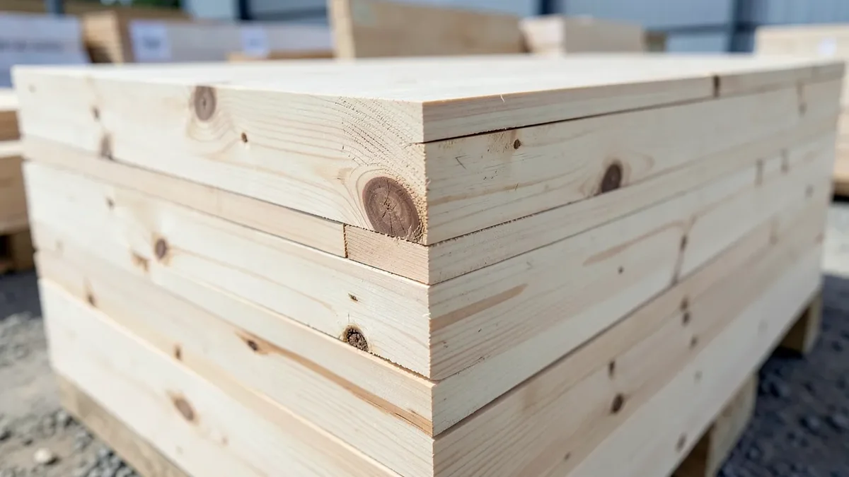 Stack of pale softwood construction lumber boards with visible knots and grain at a lumber yard