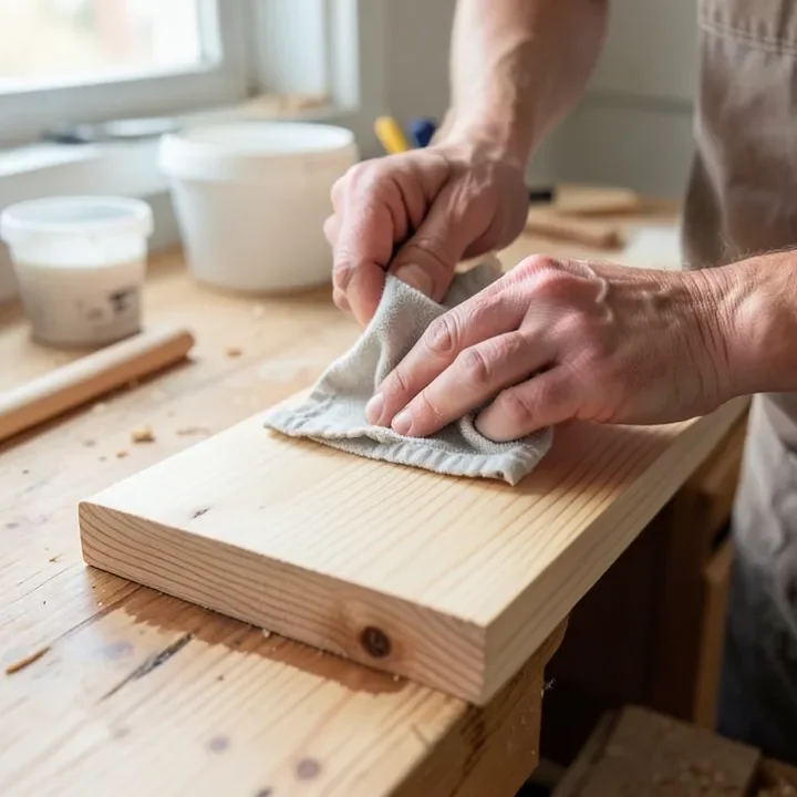 Hands wiping pre-stain wood conditioner onto a raw pine board with a cloth