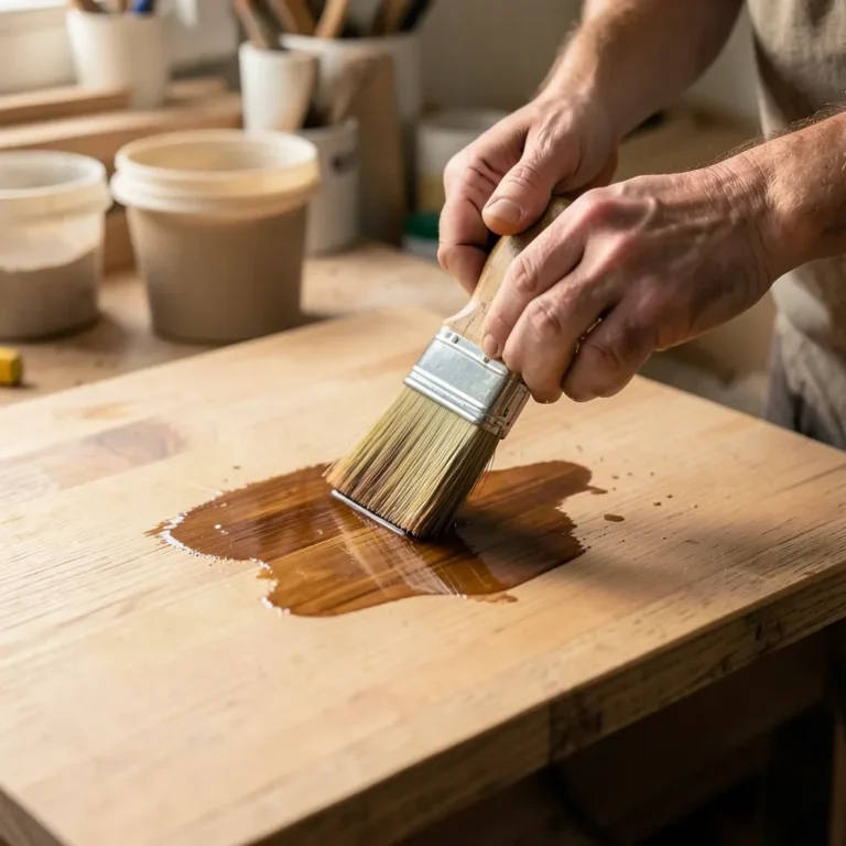 Person brushing wood stain onto a tabletop