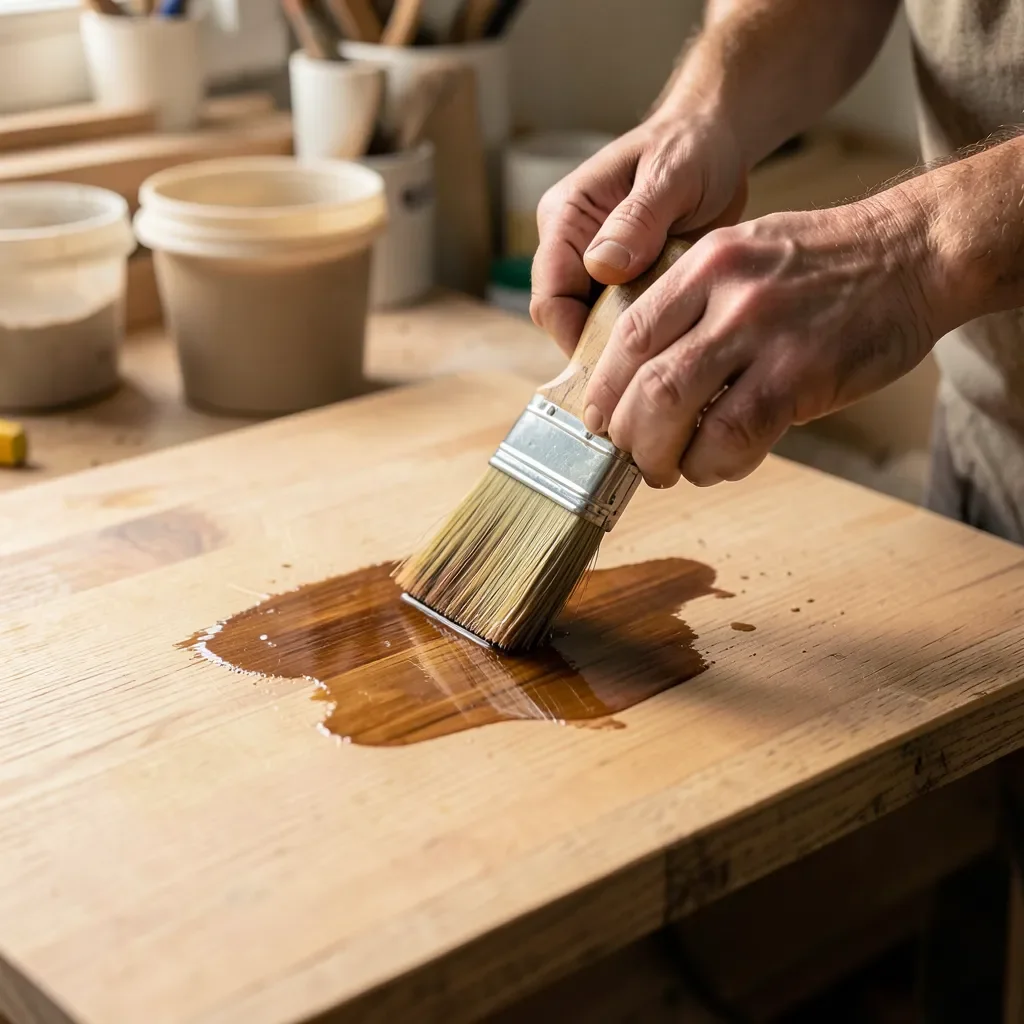 Person brushing wood stain onto a tabletop
