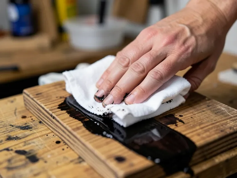 Close-up of a hand wiping excess oil-based wood stain off a board with a cotton cloth