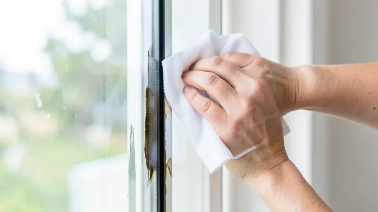 Wiping fresh wood stain off a glass window pane with a damp microfiber cloth