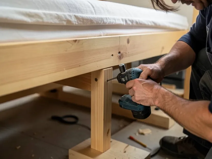 Attaching a wooden center support rail with a vertical leg to the underside of a bed frame