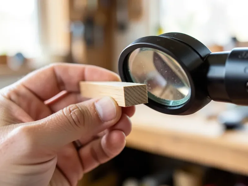 Woodworker examining the end grain of a small wood sample with a magnifying loupe