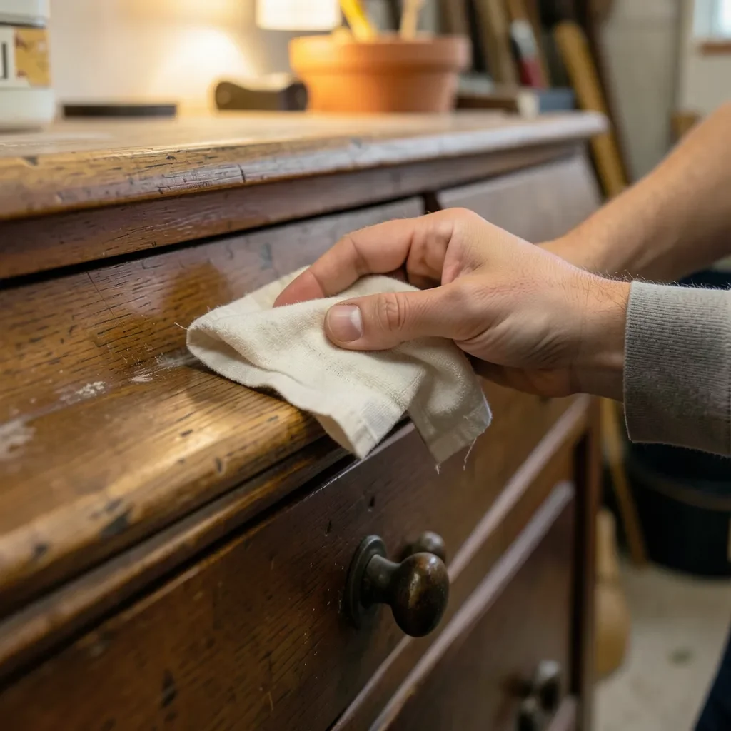 Hand restoring an old wooden dresser with a cloth