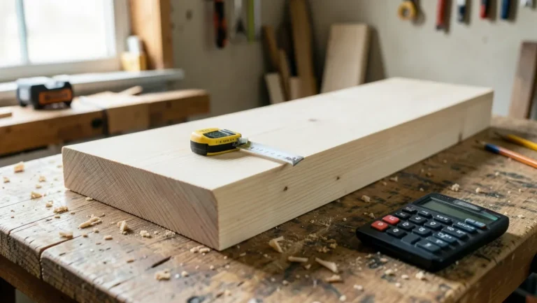 Stack of lumber boards with a tape measure and calculator for load calculations