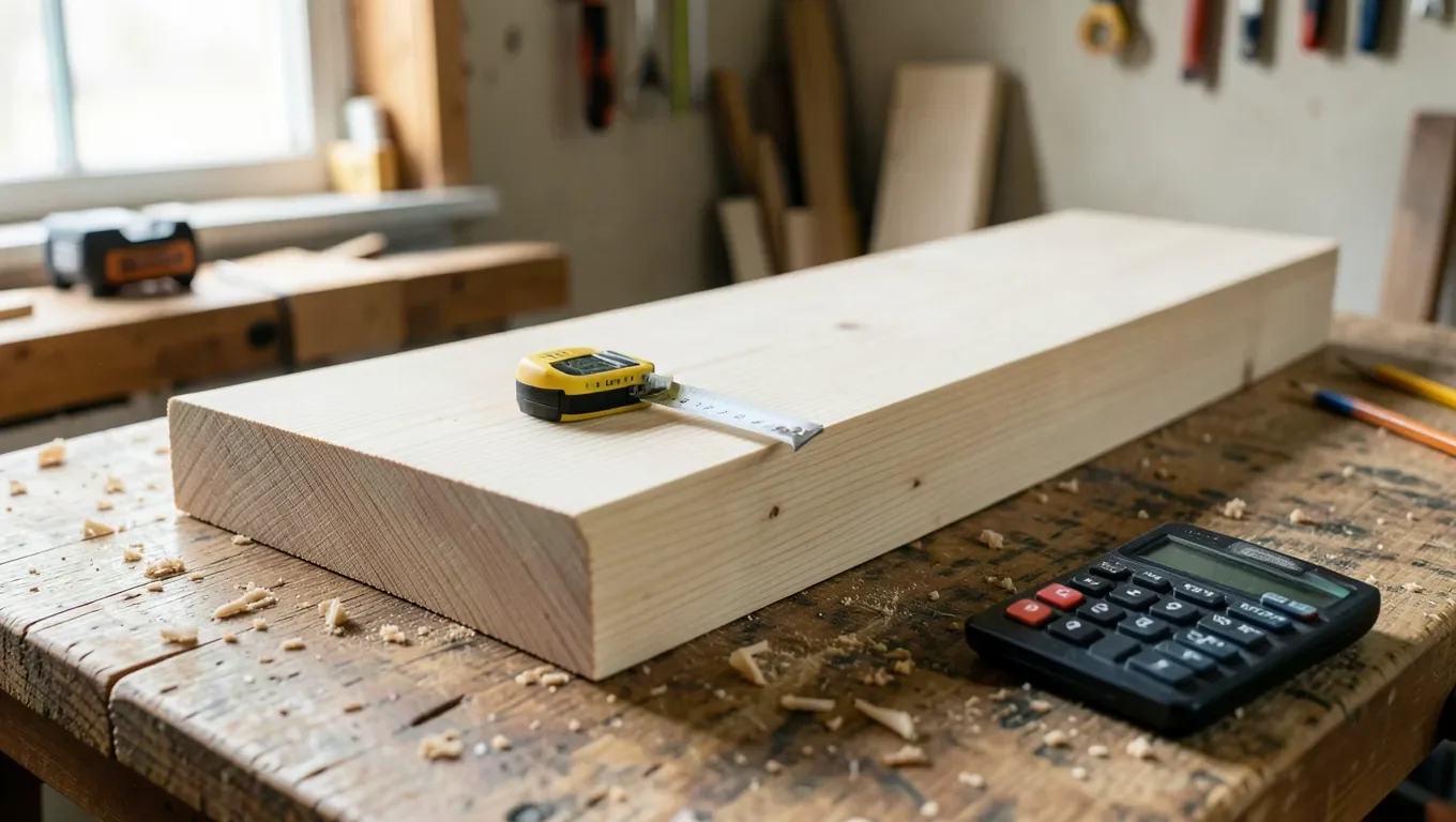 Stack of lumber boards with a tape measure and calculator for load calculations