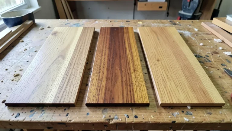 Three different wood species stained different colors side by side on a workbench