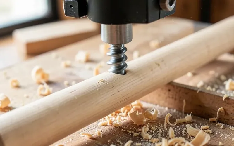 Router-based wood threading jig cutting spiral threads into a wooden dowel Router-based wood threading jig cutting spiral threads into a wooden dowel