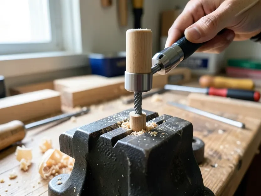 Cutting external wood screw threads into a dowel with a tap and die tool in a vise