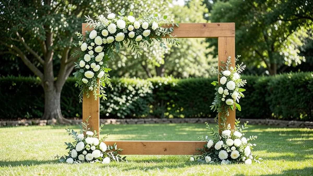 Wooden arbor backdrop frame decorated with flowers and greenery for a wedding