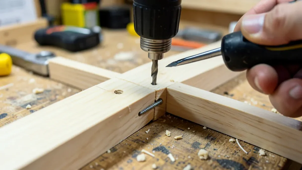Close-up of a wooden arch frame joint being assembled with a drill