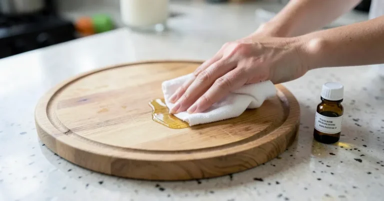 Applying food-safe mineral oil to a wooden cheese board with a cloth