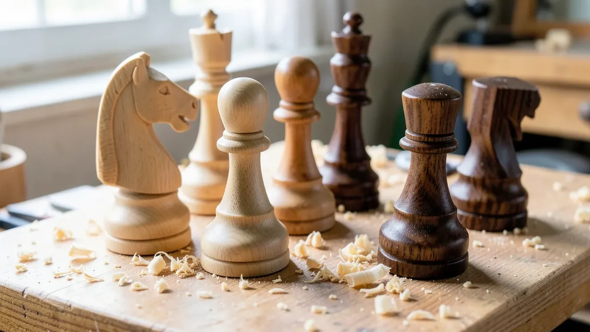 Handmade light and dark wood turned chess pieces