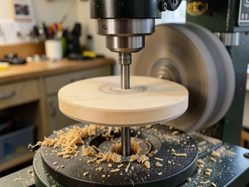 Wooden disc mounted on a center-pin jig being sanded true-round with a drum sander attachment on a drill press