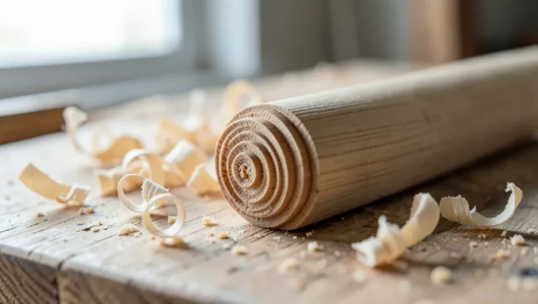 Close-up of a hand-cut wooden screw thread on a maple dowel with wood shavings