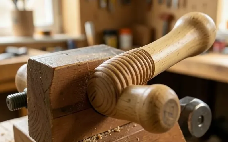 Wooden bench vise with a thick wood screw and turned handle, threads carved into the wood Wooden bench vise with a thick wood screw and turned handle, threads carved into the wood