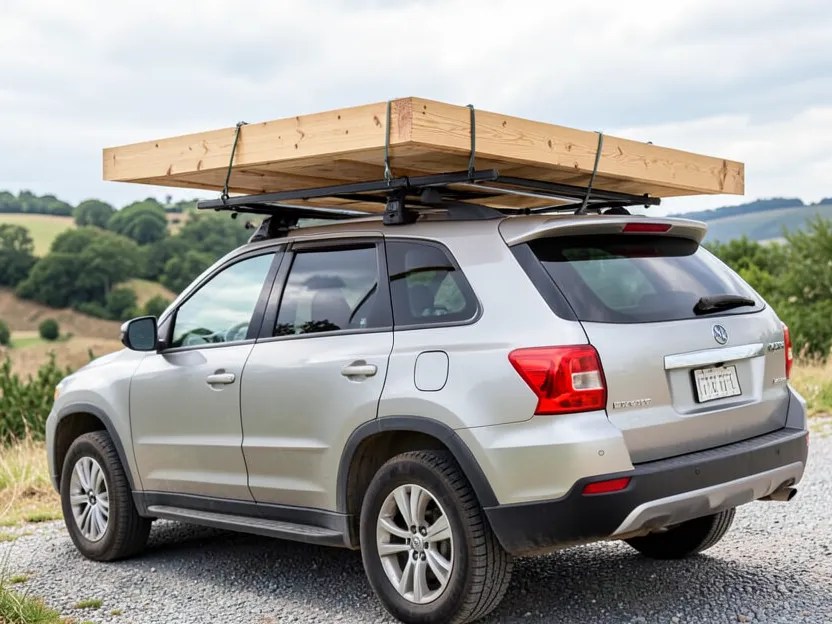 An SUV with a roof rack carrying long wooden boards secured with straps