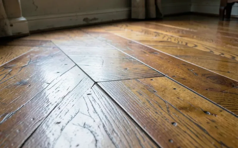 Wide-plank oak flooring with herringbone pattern in a restored 1930s house