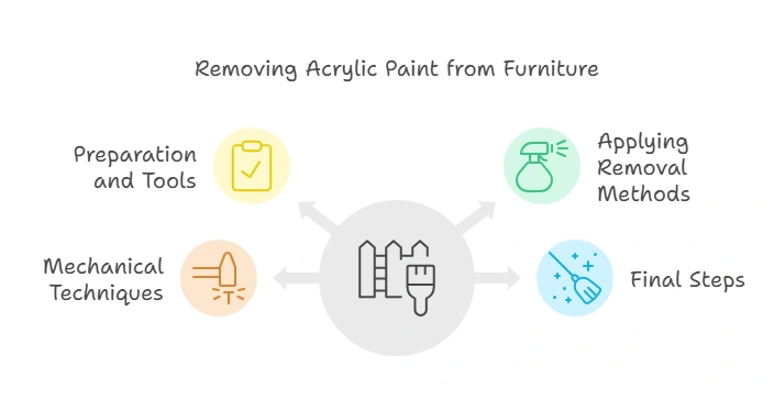 Diagram of the four steps to remove acrylic paint from furniture: preparation, removal method, mechanical sanding, and final finishing