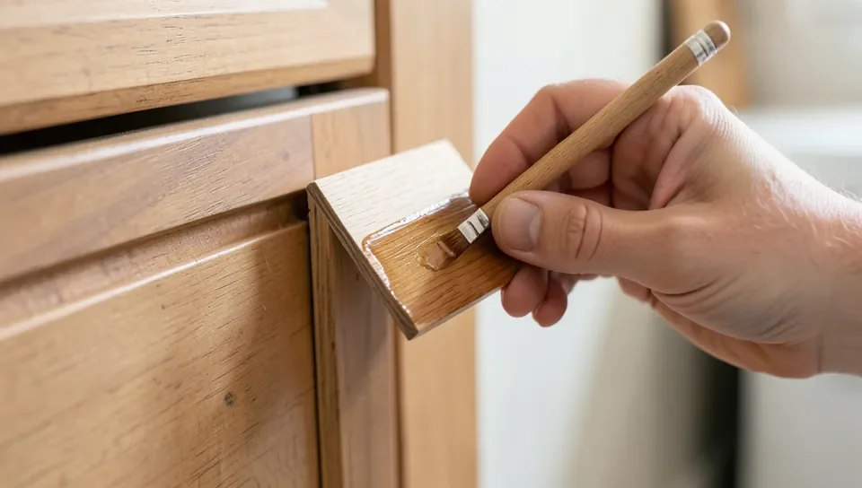 Hand applying wood stain to a small scrap test piece held next to an existing cabinet to check the color match
